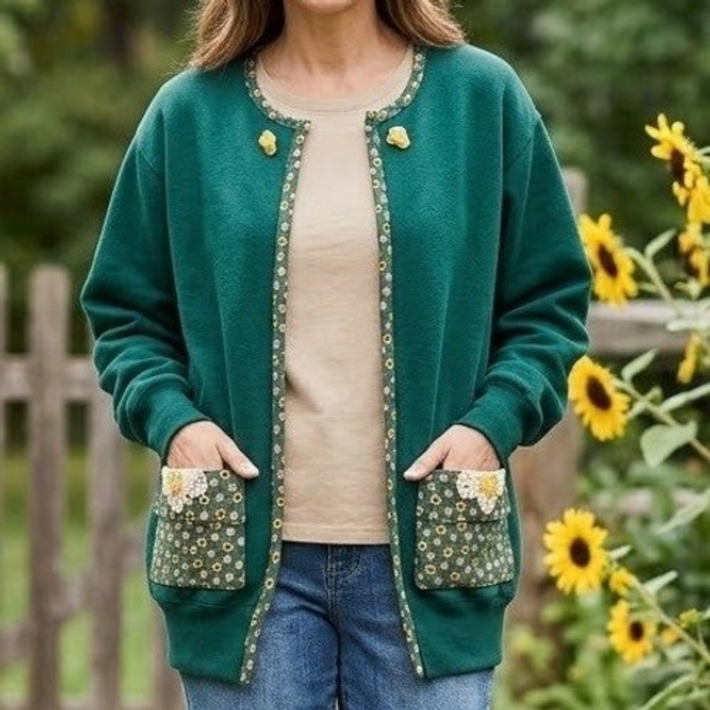 BVD‎ Green Sunflower Patch Pocket Cardigan Sweatshirt Women's Size Medium